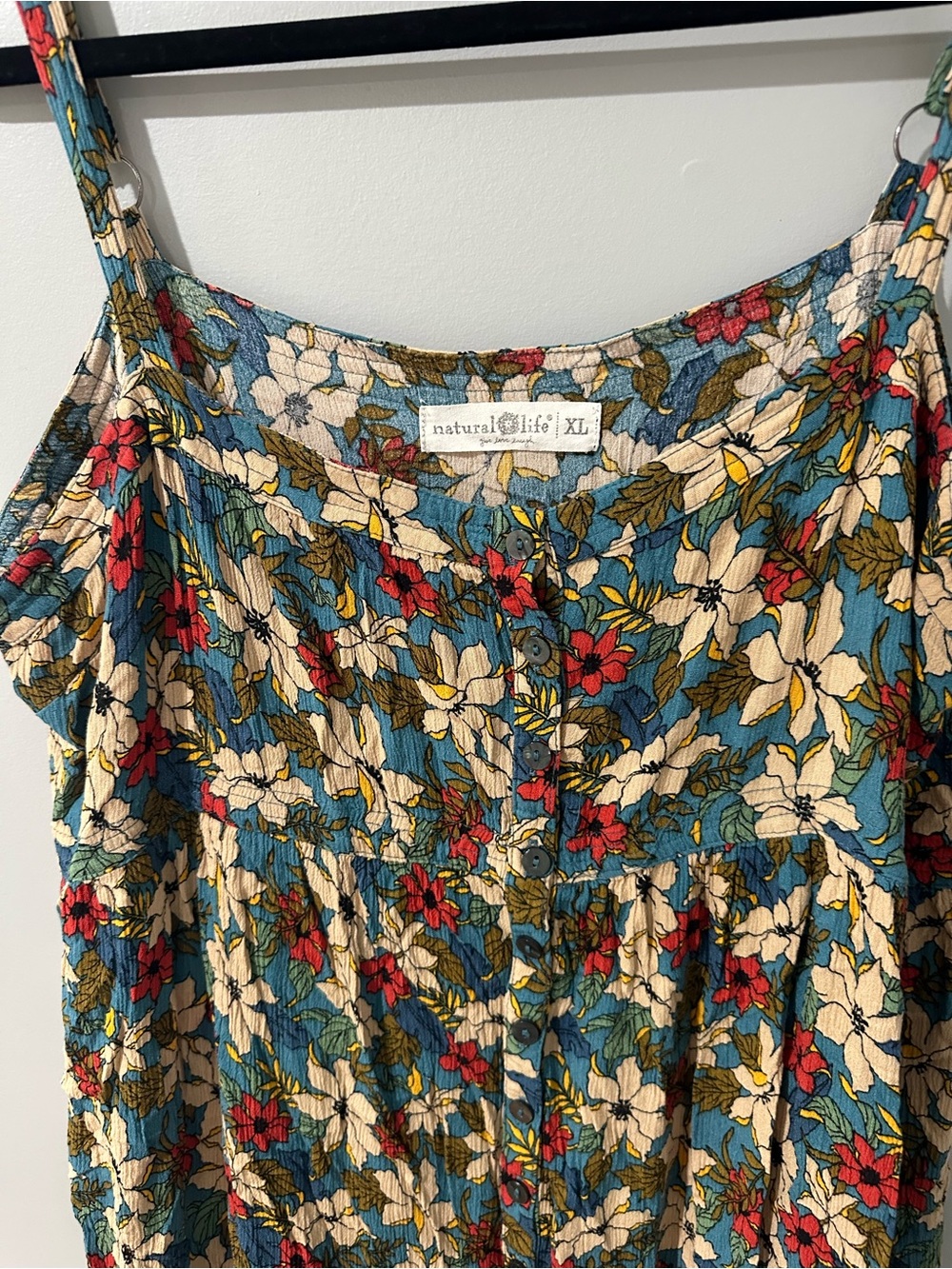 NATURAL LIFE Teal Floral Button-Front Dress with Cream & Red Accents